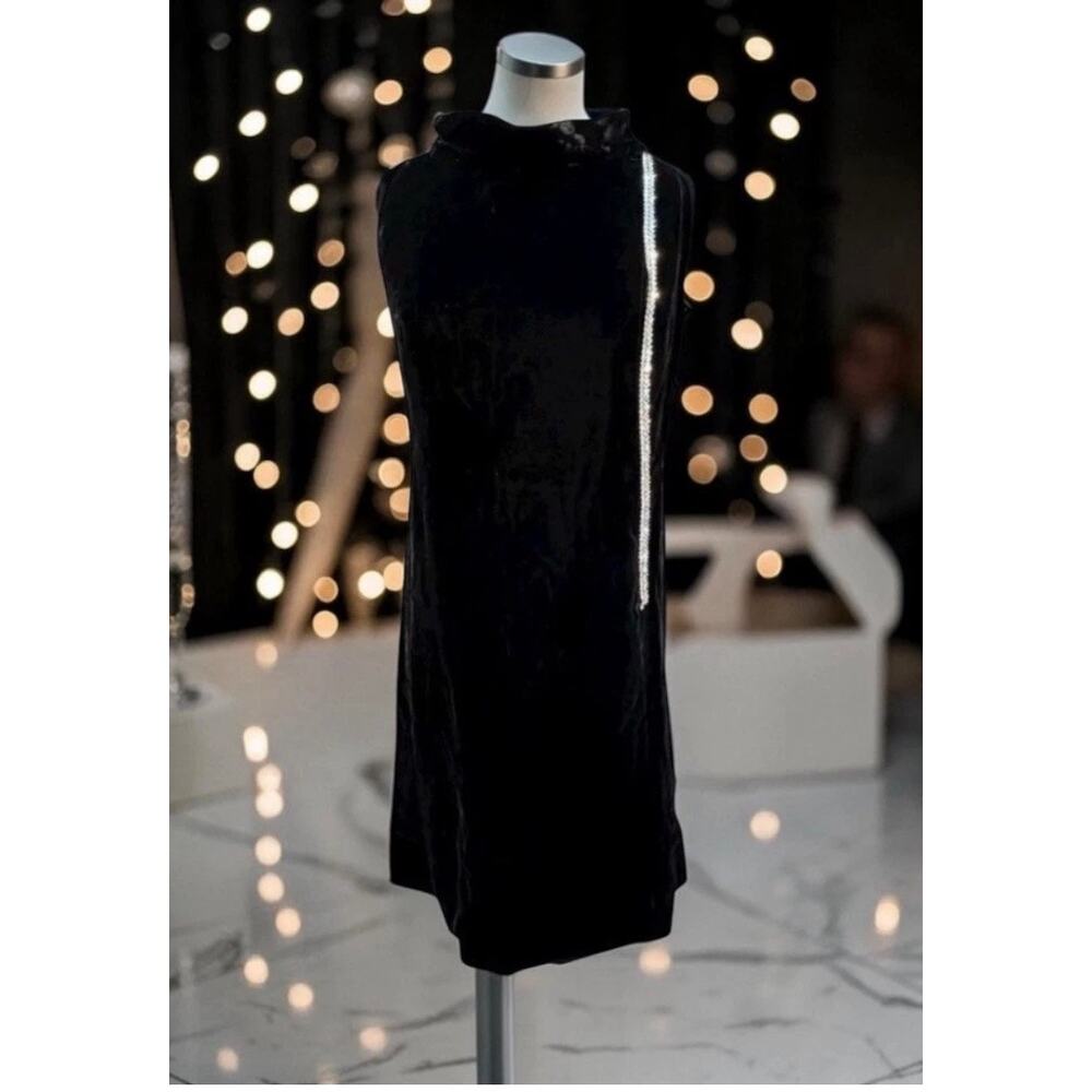 1960s Gino Charles for Heft’s Black Velvet Rhinestone Sheath Dress XS